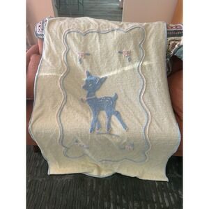 Vintage Chenielle Baby Blanket Yellow Blue Crib Size Deer